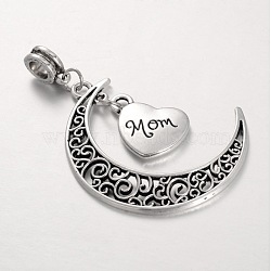 Mother's Day Theme, Tibetan Style Alloy Large Hole European Dangle Charms, Moon and Heart Pendants, with Word Mom, Antique Silver, 52mm, Hole: 5mm(PALLOY-JF00038)