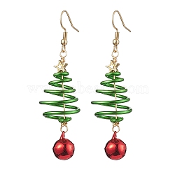 Aluminum Wire Wrapped Christmas Tree Dangle Earrings, Brass Bell Earrings for Women, Lime Green, 66x17~19mm(EJEW-JE05829-01)