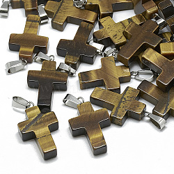 Natural Tiger Eye Pendants, with Stainless Steel Snap On Bails, Cross, 29~30x18~19x5~6mm, Hole: 6x4mm(G-T080-01)