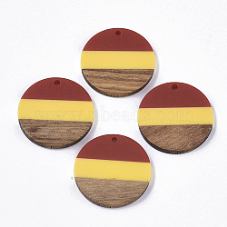 Tri-color Resin & Walnut Wood Pendants, Flat Round, FireBrick, 28x3.5mm, Hole: 2mm(X-RESI-S358-78M)