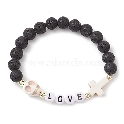 8mm Round Natural Lava Rock Beaded Stretch Bracelets, Halloween Skull & Cross & LOVE Acrylic Link Bracelets for Women Men, Inner Diameter: 2-1/4 inch(5.6cm)(BJEW-JB10467-01)