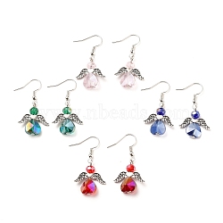 Electroplate Glass Dangle Earrings, with Wing Alloy Beads and Iron Earring Hooks, Angel, Antique Silver & Platinum, Mixed Color, 39~40mm, Pin: 0.8mm(X-EJEW-JE04319)