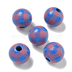 Printed Wood European Beads, Round with Tartan Pattern, Cornflower Blue, 15.5~16mm, Hole: 4~4.5mm(WOOD-G022-13J)