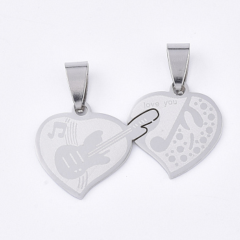 201 Stainless Steel Split Pendants, for Lovers, Heart with Guitar & Musical Note & Word Love You, For Valentine's Day, Stainless Steel Color, 19x36x1mm, Hole: 8x4mm