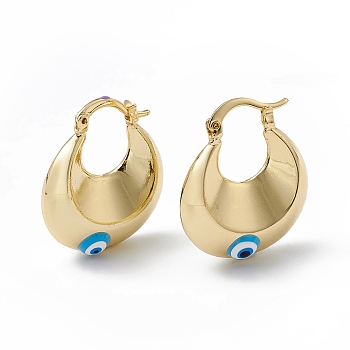 Enamel Evil Eye Thick Hoop Earrings, Real 18K Gold Plated Brass Jewelry for Women, Deep Sky Blue, 27x23x9mm, Pin: 1mm