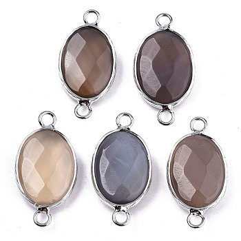Natural Grey Agate Links/Connectors, Platinum Tone Brass Edge, Faceted Oval, 27.5x14~15x6mm, Hole: 2mm