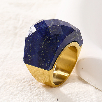 Fashionable 304 Stainless Steel & Natural Lapis Lazuli Finger Rings, Real 18K Gold Plated, US Size 7(17.3mm)