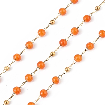 Dyed Natural Jade Round Beaded Chain, with Golden 304 Stainless Steel Satellite Chains, Unwelded, with Spool, Orange, 2.5x1x0.3mm, 5x4mm, 3mm, about 32.81 Feet(10m)/Roll