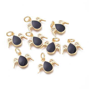 Brass Charms, with Jump Rings and Enamel, Long-Lasting Plated, Cadmium Free & Lead Free & Nickel Free, teardrop, with Wing, Real 18K Gold Plated, Black, 12x14x2.5mm, Hole: 3.4mm