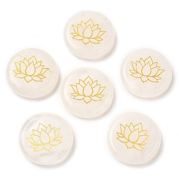 Natural Quartz Crystal Cabochons, Rock Crystal Flat Round with Engraved Gold Lotus Flower, 25~26x6~7mm