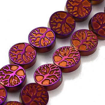 Synthetic Non-magnetic Hematite Beads Strands, Long-Lasting Plated, Flat Round with Tree of Life, Burgundy Plated, 10x3mm, Hole: 1mm, about 40pcs/strand, 15.94''(40.5cm)