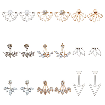 FIBLOOM 9 Pairs 9 Style Lotus & Teardrop & Triangle Plastic Imitation Pearl Beaded Stud Earrings, Alloy Jewelrry for Women, Platinum & Golden, 20~38.5x16~21mm, Pin: 0.6~0.8mm, 1 Pair/style