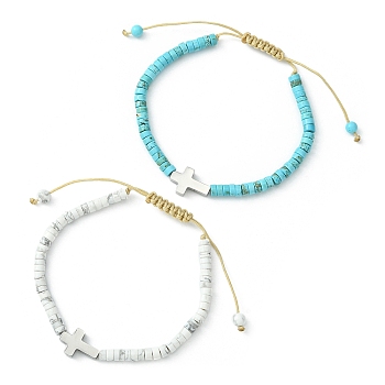 2Pcs 2 Style Natural Howlite & Synthetic Turquoise Braided Bead Bracelets Set, 304 Stainless Steel Cross Adjustable Bracelets, Stainless Steel Color, Inner Diameter: 1-7/8~3-1/4 inch(4.8~8.2cm), 1Pc/style