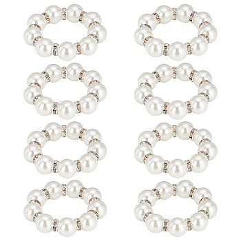 Fingerinspire Stretch Napkin Rings, Napkin Holder Adornment, with Brass & Plastic Pearl Beads, for Place Settings, Wedding & Party Decoration, Platinum, 12mm, 8pcs