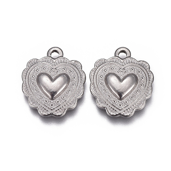 304 Stainless Steel Textured Pendants, Heart with Pattern, Stainless Steel Color, 16x14x3mm, Hole: 1.6mm
