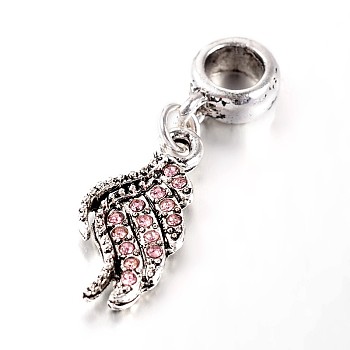 Antique Silver Tone Large Hole Alloy Rhinestone European Dangle Charms, with Wing Pendants, Light Rose, 32mm, Hole: 5mm