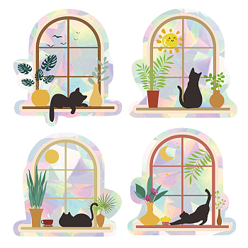 4Pcs 4 Patterns PVC Colored Laser Stained Window Film Adhesive Static Stickers, Electrostatic Window Stickers, Cat Pattern, 200x150mm, 1pc/pattern