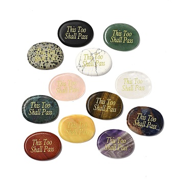 Natural Mixed Gemstone Cabochons, Oval with Engraved Word This Too Shall Pass, 44~46x34~35x6.5~7.5mm