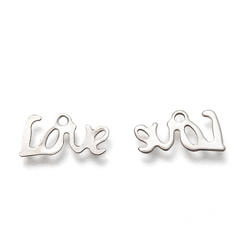 201 Stainless Steel Charms, Laser Cut, Word Love, Stainless Steel Color, 6x12x0.5mm, Hole: 1.2mm