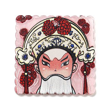Embossed Printed Acrylic Pendant, Square Beijing Opera, Pink, 37.5x37.5x2.5mm, Hole: 1.8mm