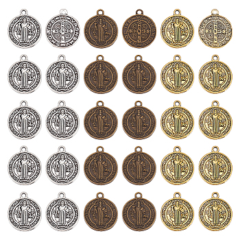 60Pcs 3 Colors Tibetan Style Pendants, Saint Benedict Medal, Cadmium Free & Nickel Free & Lead Free, Religion, Flat Round, Mixed Color, 20~21x17~18x2mm, Hole: 1mm, 20pcs/color