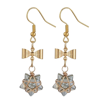 Glass Star Dangle Earrings, Golden 304 Stainless Steel Bowknot Drop Earrings, Gainsboro, 48x12.5mm