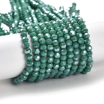 Electroplate Opaque Glass Beads Strands, Faceted(32 Facets), Pearl Luster Plated, Round, Medium Aquamarine, 4mm, Hole: 0.7mm, about 87~93pcs/strand, 32~33cm