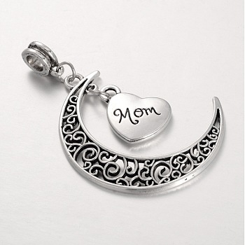 Mother's Day Theme, Tibetan Style Alloy Large Hole European Dangle Charms, Moon and Heart Pendants, with Word Mom, Antique Silver, 52mm, Hole: 5mm