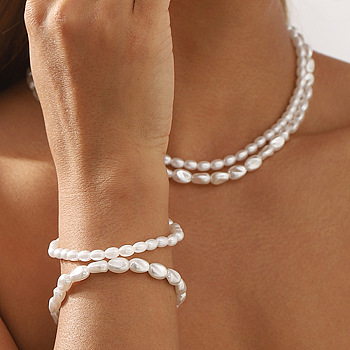 Oval Plastic Imitation Pearl Beaded Necklaces, Alloy Jewelry for Women, White, 14.57~14.76inch(37~37.5cm), 2pcs/set