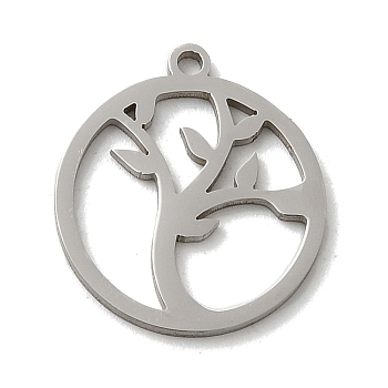 201 Stainless Steel Pendants, Stainless Steel Color, Laser Cut, Flat Round Charm, Leaf, 15.5x13x1mm, Hole: 1mm
