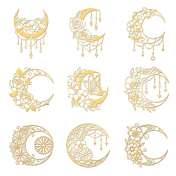 Nickel Decoration Stickers, Metal Resin Filler, Epoxy Resin & UV Resin Craft Filling Material, Golden, Flower, Moon, 40x40mm, 9 style, 1pc/style, 9pcs/set
