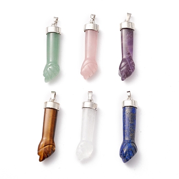 Natural Gemstone Pendants, with Platinum Tone Brass Findings, Figa Hand Shapes, 43~48x12x8.6mm, Hole: 8x4.6mm