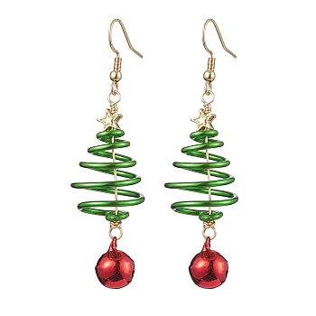 Aluminum Wire Wrapped Christmas Tree Dangle Earrings, Brass Bell Earrings for Women, Lime Green, 66x17~19mm