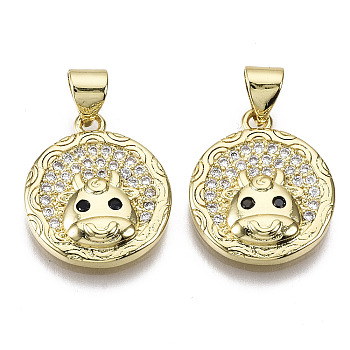 Brass Micro Pave Cubic Zirconia Pendants, Flat Round with Cattle, Nickel Free, Real 16K Gold Plated, 17.5x15x3.5mm, Hole: 3.5x4.5mm