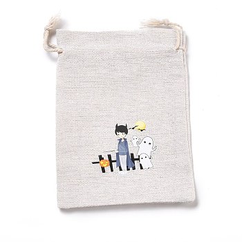 Halloween Cotton Cloth Storage Pouches, Rectangle Drawstring Bags, for Candy Gift Bags, Boy Pattern, 13.8x10x0.1cm