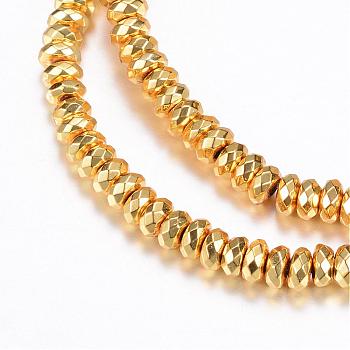 Electroplate Non-magnetic Synthetic Hematite Bead Strands, Rondelle, Faceted, Golden Plated, 4~4.5x2mm, Hole: 1~1.5mm, about 184pcs/strand, 15.7 inch