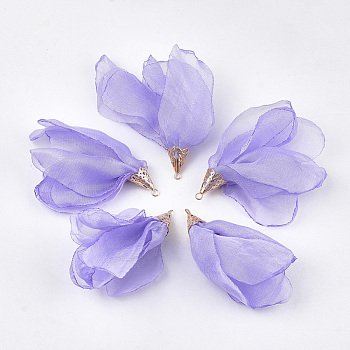 Polyester Big Pendants, with Iron Findings, Flower, Light Gold, Lilac, 63~67x10mm, Hole: 1.5~2mm