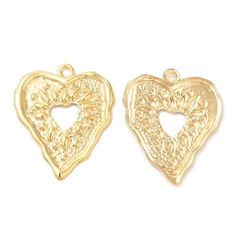 Brass Pendants, Cadmium Free & Lead Free, Textured, Heart Charm, Real 24K Gold Plated, 26.5x22x1.5mm, Hole: 1.6mm