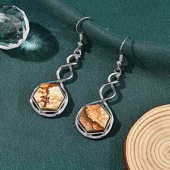 Hexagon Natural Picture Jasper Dangle Earrings, with Rack Plating Brass, Long-Lasting Plated, Lead Free & Cadmium Free, 54x17mm