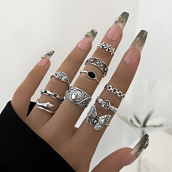 10Pcs 10 Style Flower & Snake & Butterfly & Oval Alloy Finger Rings Set for Women, Antique Silver, Inner Diameter: 16~19mm, 1Pc/style