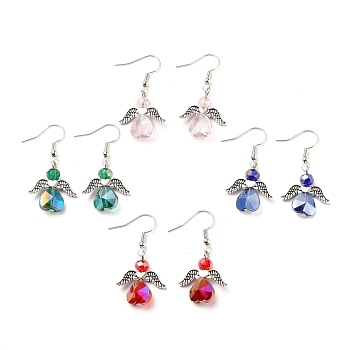 Electroplate Glass Dangle Earrings, with Wing Alloy Beads and Iron Earring Hooks, Angel, Antique Silver & Platinum, Mixed Color, 39~40mm, Pin: 0.8mm
