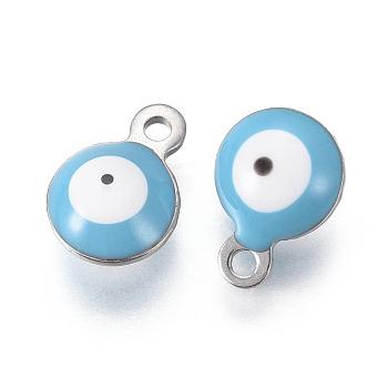 304 Stainless Steel Enamel Charms, Flat Round with Evil Eye, Stainless Steel Color, Sky Blue, 8.5x6x4mm, Hole: 1mm