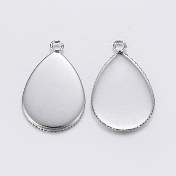 304 Stainless Steel Pendant Cabochon Settings, Milled Edge Bezel Cups, Drop, Stainless Steel Color, Tray: 24x18mm, 29x18.5x1.2mm, Hole: 2.4mm