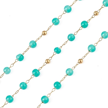 Dyed Natural Jade Round Beaded Chain, with Golden 304 Stainless Steel Satellite Chains, Unwelded, with Spool, Turquoise, 2.5x1x0.3mm, 5x4mm, 3mm, about 32.81 Feet(10m)/Roll