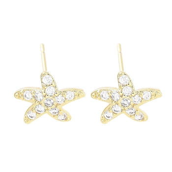 Brass Pave Clear Cubic Zirconia Stud Earring, Starfish, Real 18K Gold Plated, 8x10.5mm