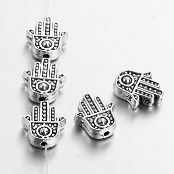 Tibetan Style Alloy Hamsa Hand/Hand of Fatima/Hand of Miriam Beads, Cadmium Free & Lead Free, Antique Silver, 12x10x4mm, Hole: 1.5mm, about 780pcs/1000g