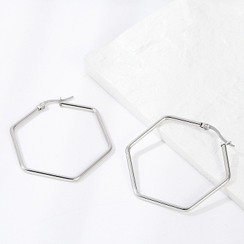 Tarnish Resistant 201 Stainless Steel Hoop Earrings, with 304 Stainless Steel Pin, Hexagon, Stainless Steel Color, 12 Gauge, 45x40.5x2mm, Pin: 0.8mm