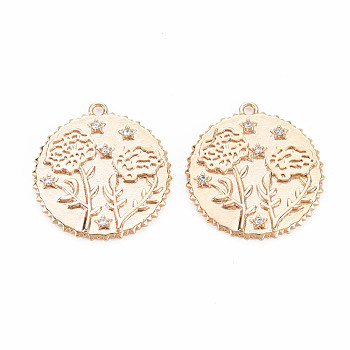Brass Micro Pave Clear Cubic Zirconia Pendants, Birth Floral Charms, Nickel Free, Flat Round, Real 18K Gold Plated, Flower Pattern, 23x21x2mm, Hole: 1.5mm