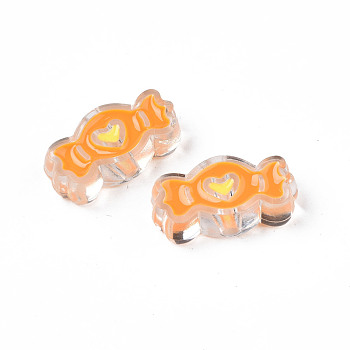 Transparent Acrylic Beads, with Enamel, Candy with Heart, Orange, 13.5x26.5x9mm, Hole: 3mm