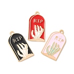 Light Gold Plated Alloy Enamel Pendants, Cadmium Free & Nickel Free & Lead Free, Tombstone with Skeleton Hand Charm, Mixed Color, 27x14x1.3mm, Hole: 1.8mm(ENAM-L040-005KCG)